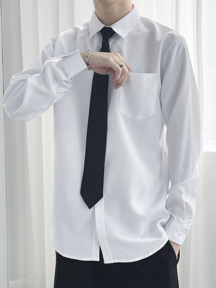 白色长袖衬衫男宽松纯色寸衫男生DK制服短袖领带毕业粉色蓝色衬衣