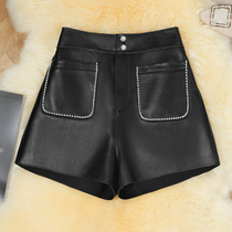 2021 new autumn and winter Haining Leather pants ladies high waist slim loose sheep leather shorts casual wide leg pants