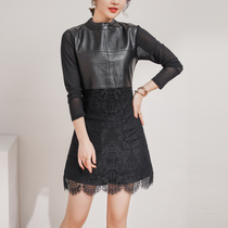 2021 autumn and winter New Haining leather dress womens sheep top slim long sleeve mesh lace