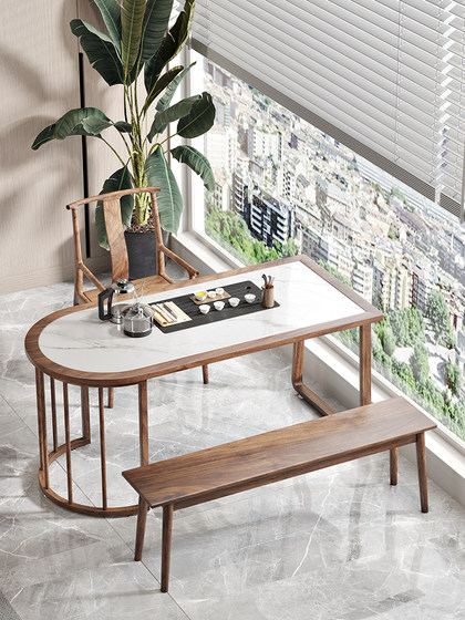 Balcony Solid Wood Tea Table and Chair Combination Slate Tea Table Modern Household Kung Fu Tea Wall Table Embedded Kettle