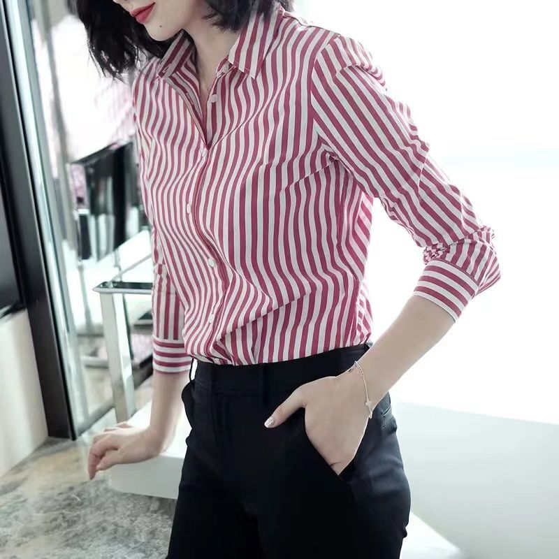 Red and White Striped Shirt for Women, Fashionable and Trendy Hong Kong Style, 2024 Spring and Summer New Versatile Loose Fashion Item Red and White Striped Shirt for Women, Fashionable and Trendy Hong Kong Style, 2024 Spring and Summer New Versatile Loose Fashion Item
