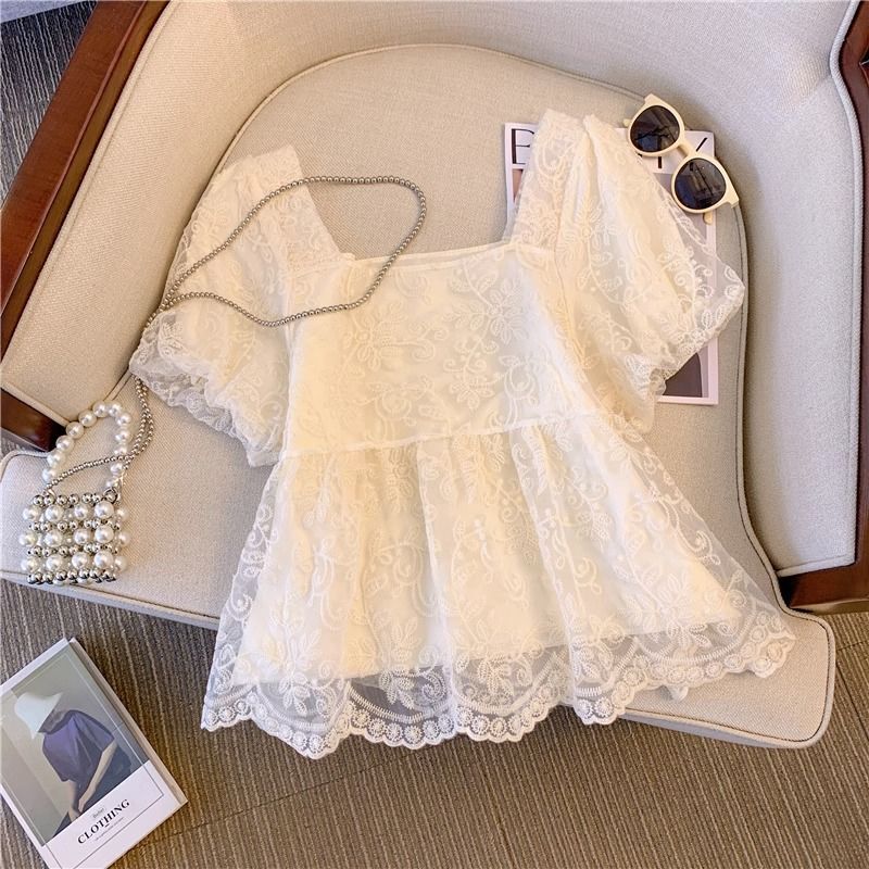 French-Style Super Fairy Lace Puff-Sleeve Chiffon Blouse for Women, Summer Design, Niche Square-Neck Top That Covers the Belly