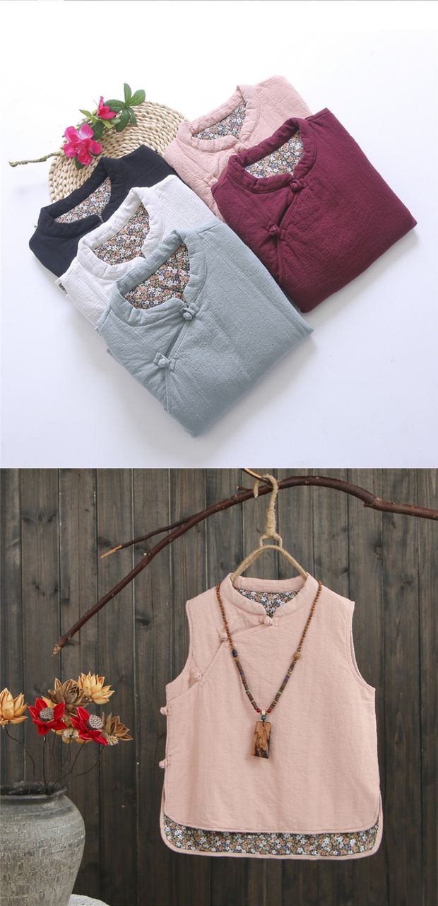 Cổ áo văn học khóa cổ áo bông nhồi bông vest nữ mùa thu và mùa đông retro phong cách quốc gia áo không tay đoạn ngắn ao kieu dep