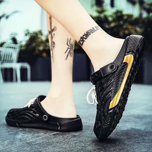 Летние тапочки в стиле Crocs, сумка, мюли, трендовые мужские тапочки, пляжные босоножки, подходят для носки на улице, закрытый носок, в корейском стиле