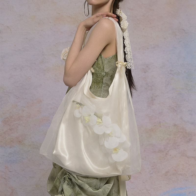 Tail Kite Record Original Design Niche Butterfly Orchid Organza Bag Women's Shoulder Bag Tote Bag Apricot