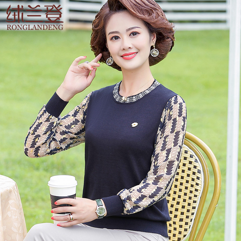 Mother Loaded Autumn Clothing Blouse Thin Knit T-shirt Small-Shirt Middle-aged Woman Spring Autumn Snowspun Long Sleeve Large Size Clothes Summer