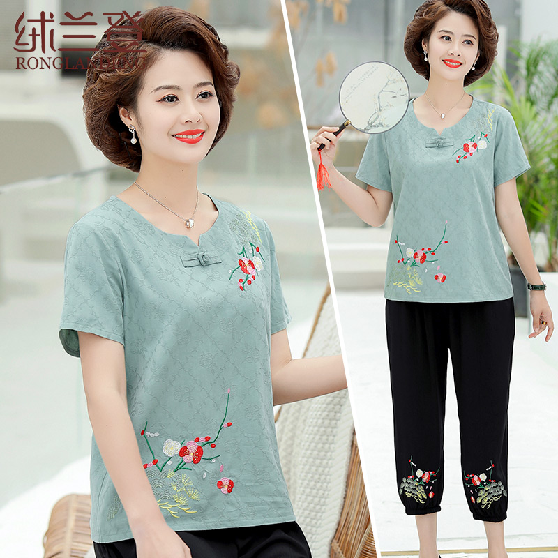 Mother summer clothing short sleeves T-shirt large size for older ladies Summer Grandmother National Wind cotton linen Two-style suit cardiovert