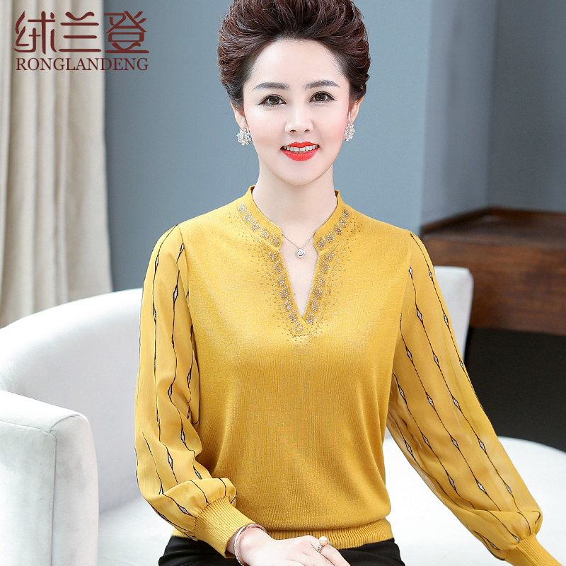 Middle-aged women spring and autumn new long-sleeved T-shirt middle-aged women loose thin section knitwear mom dress Western style small shirt