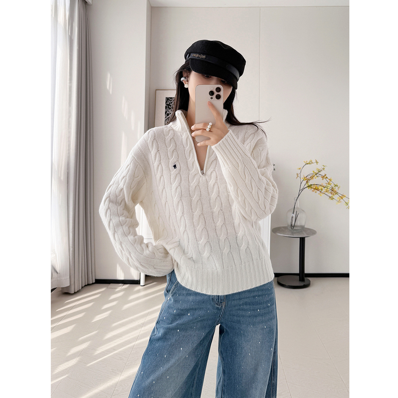 16-Count Wool~ Pony Embroidery Stand-Up Collar Cable Knit Half-Zip Cashmere Knitwear for Women, White Wool Sweater