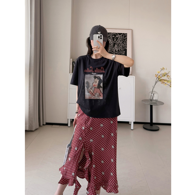 Fuyuan Heavy-Duty Cut and Embroidered~American Retro Printed Cartoon Character Pure Cotton T-Shirt for Women 2026 Loose Top