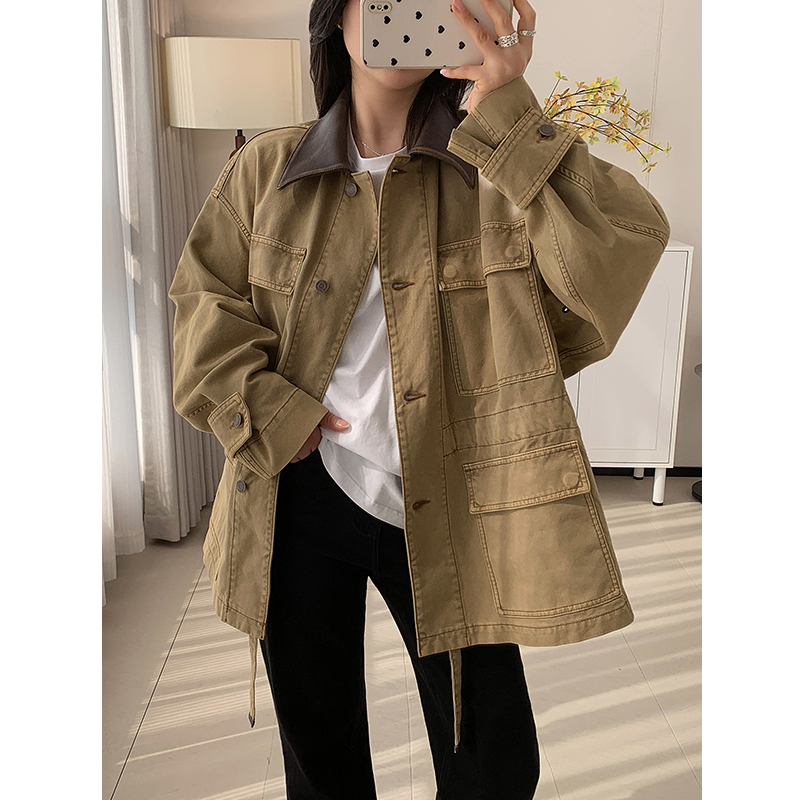 M* Korean Style Barn Style~ Lapel Long-Sleeve Workwear Jacket for Women 2026 Spring Casual Loose Retro Jacket Mid-Length