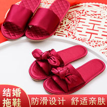 Red slippers womens life year European wedding Summer Bow bride non-slip home bridesmaid group Korean silk satin