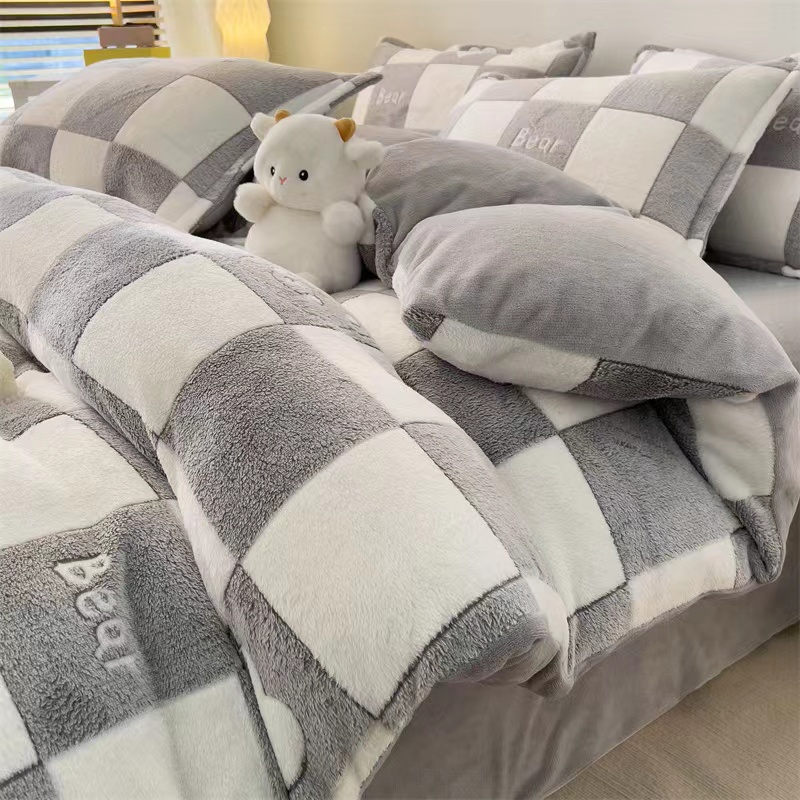 Autumn Winter Milk Suede Coral Suede Four Pieces Cover Flannel Bed Bedding Linen Plus Suede Quilt Cover Dormitory Three Sets-Taobao