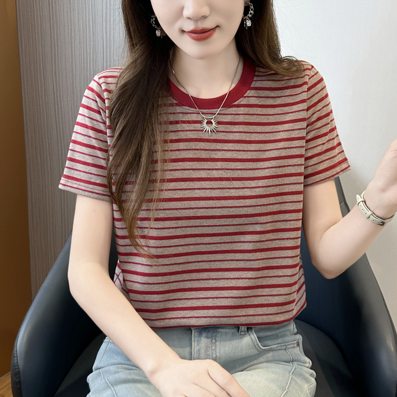 Bright Silk Simple and Elegant Straight-Shoulder Striped Short-Sleeve T-Shirt for Women 2026 New Summer Loose Casual Versatile Top Bright Silk Simple and Elegant Straight-Shoulder Striped Short-Sleeve T-Shirt for Women 2026 New Summer Loose Casual Versatile Top
