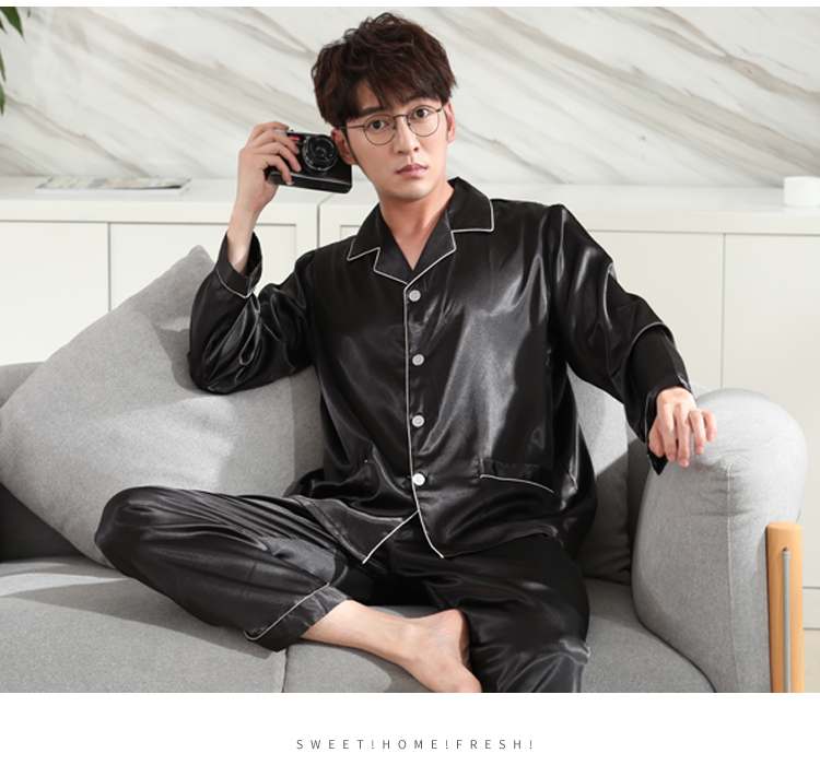 Bộ đồ ngủ xuân hè hè nam lụa tơ tằm mỏng tay dài thời trang phục vụ giới trẻ quần ngủ nam dài