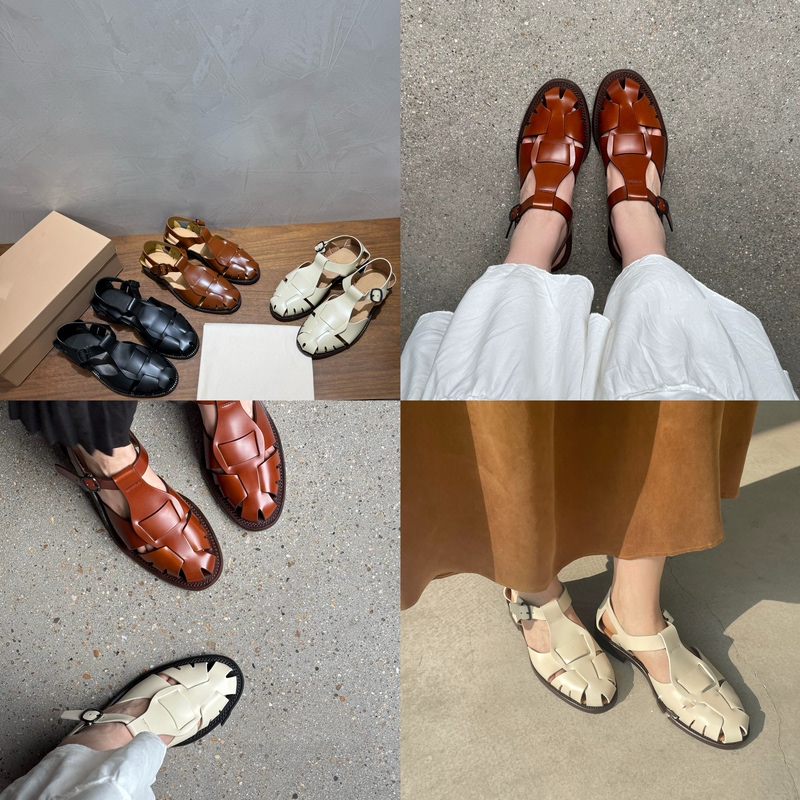 【Mu You Shoes】Closed-Toe Low-Heeled Sandals Spanish Eu Oil-Waxed Cowhide Hand-Woven Hollow Roman Shoes for Women
