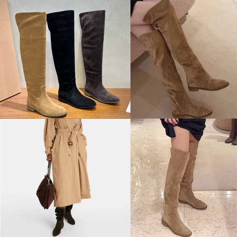 【Mu You Shoes】Foldable Two-Way Wear Over-The-Knee Boots, Genuine Leather Low-Heeled Flat Stacked Boots, Women's Riding Boots