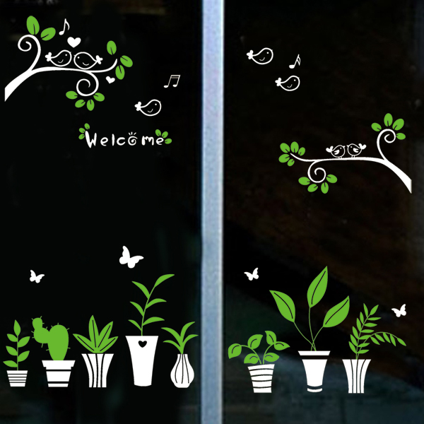 Branches and birds to potted glass stickers hotel clothing milk tea coffee shop window