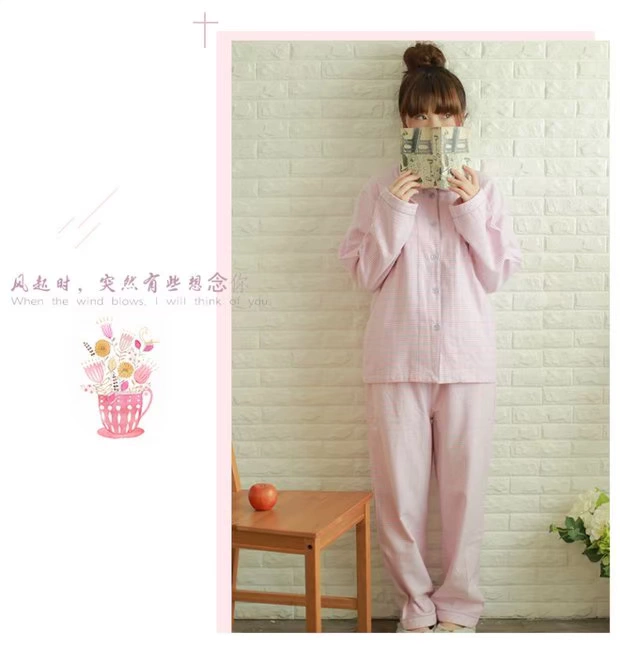 Mùa thu và mùa đông mới của phụ nữ dịch vụ nhà houndstooth gạc rỗng đồ ngủ dài tay quần phù hợp quần áo ngủ
