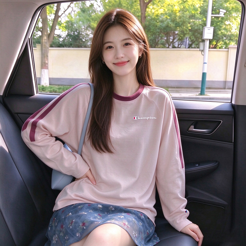 Japanese Version Champion Brand Autumn and Winter New Pink Round Neck Long-Sleeve Top for Women, Drop Shoulder Color-Block Striped Loose Casual Style T-Shirt