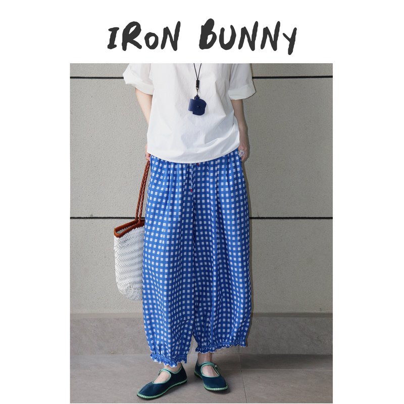 Iron Bunny丨Plant-Dyed Handmade Woven Plaid Cotton Elastic Waist Lantern Lace-Trimmed Jogger Pants Iron Bunny丨Plant-Dyed Handmade Woven Plaid Cotton Elastic Waist Lantern Lace-Trimmed Jogger Pants