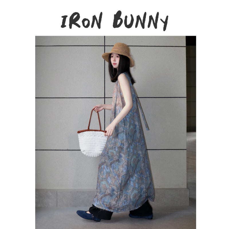 Iron Bunny丨Vintage Ink Irregular Floral Ramie Frayed Hem Vest Dress