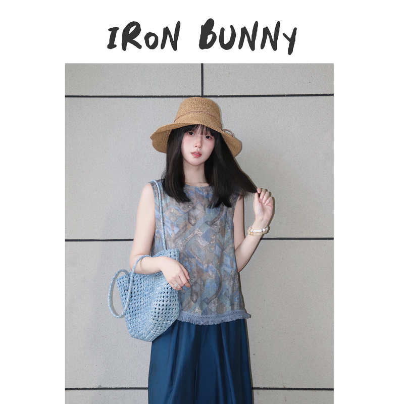 Iron Bunny | Vintage Art Floral Ramie Tassel Buttoned Sleeveless Vest Top