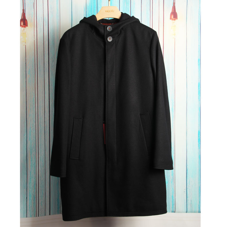 Wits Family Special Cabinet Men's Big Coat Black Color Tandem Cap Big Coat Men's Medium Long Version Sashimi Wool Jacket Man