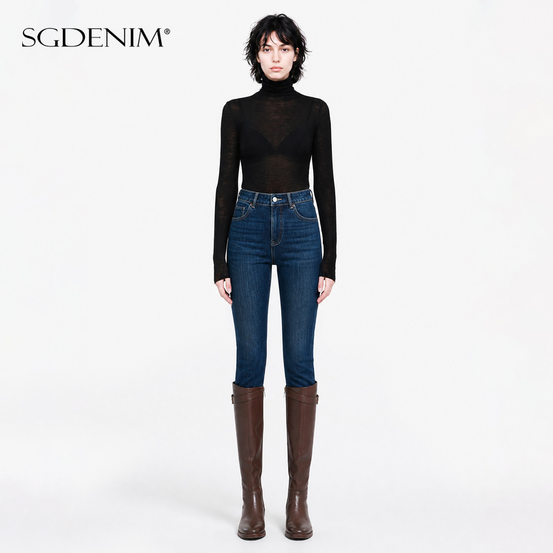 High-Waisted Slim-Fit Skinny Jeans for Women, Cropped Pencil Pants, Bootcut Pants, Stretchy Dark Blue, New Autumn Style 26