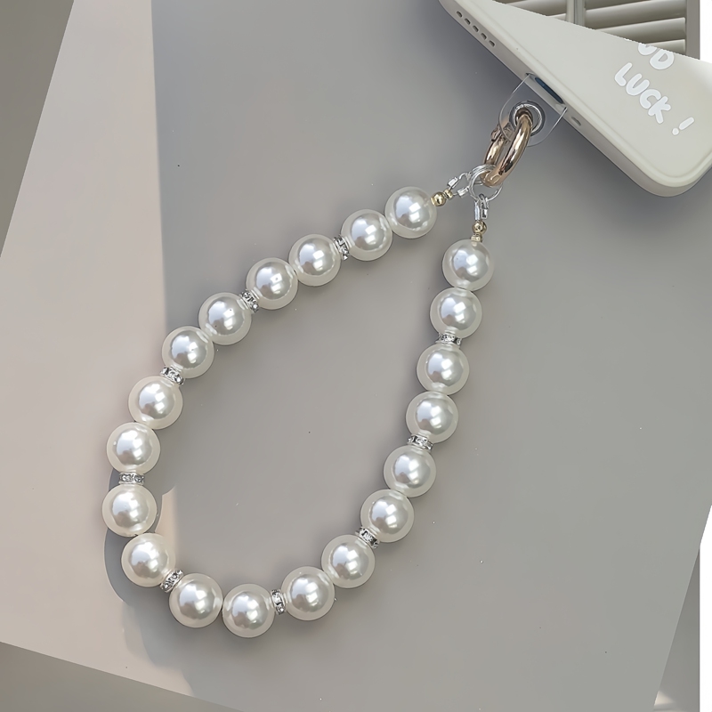Handmade Non-Fading Bright White Pearl Phone Chain, Elegant and Luxurious, Anti-Lost Wrist Strap for Women, Car Keychain
