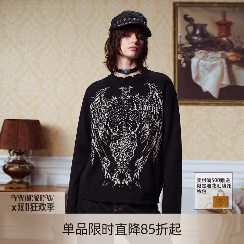 Yadcrew's "Winged Skull Pattern" Gothic-Style Sweater with a Distressed Neckline and Street-Style Design, Round-Neck Top
