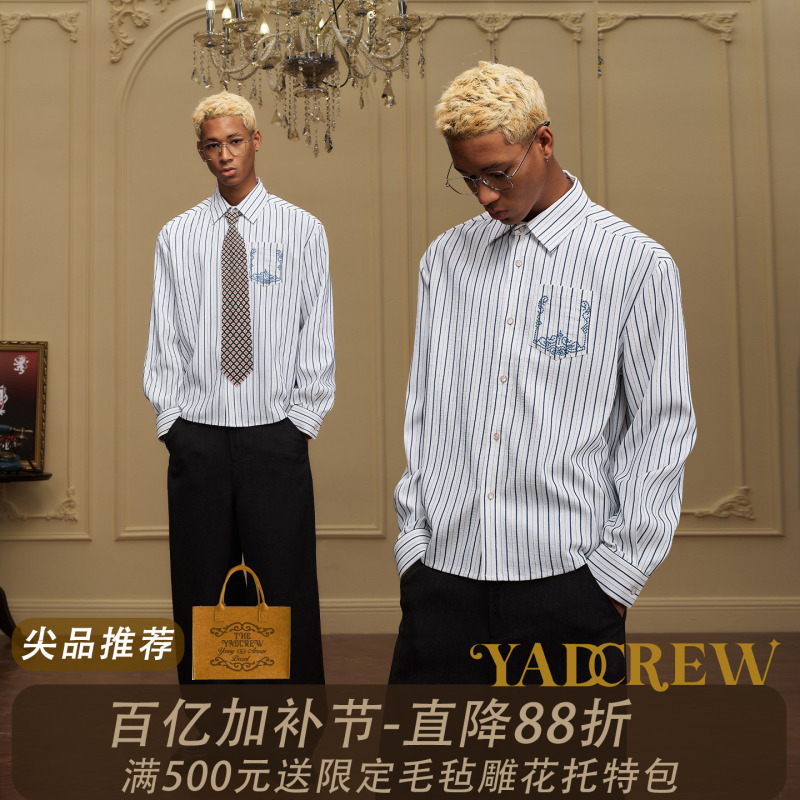 Yadcrew White Shirt with Soft Texture, Embroidered, Casual Long-Sleeve, Striped, Loose-Fitting, Turn-Down Collar, Unisex Shirt
