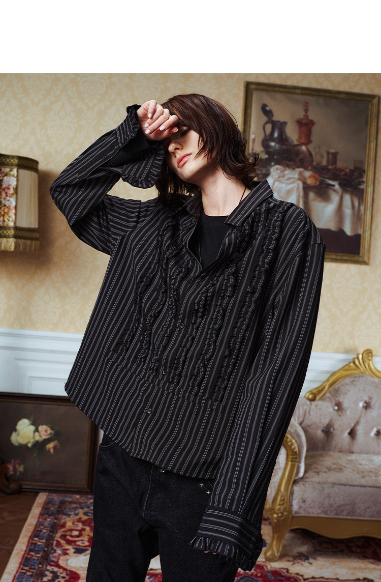 YADcrew Striped Ruffle Court-Style Shirt