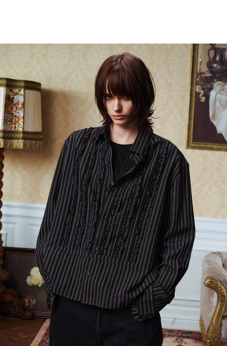 YADcrew Striped Ruffle Court-Style Shirt