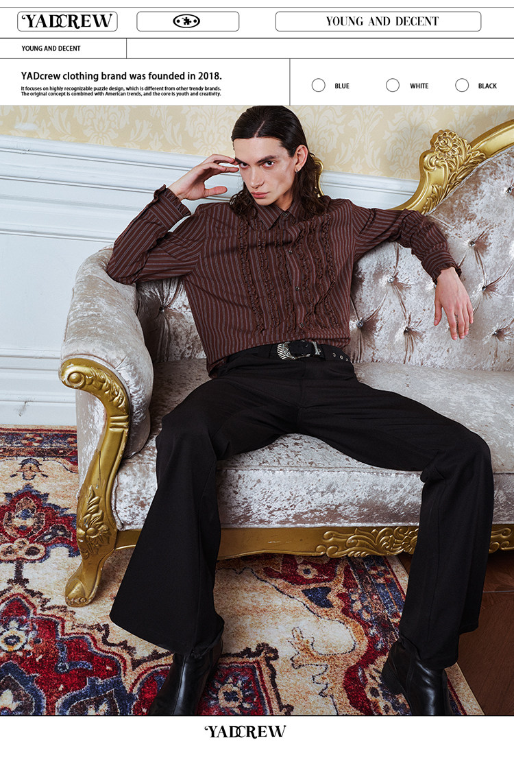 YADcrew Striped Ruffle Court-Style Shirt