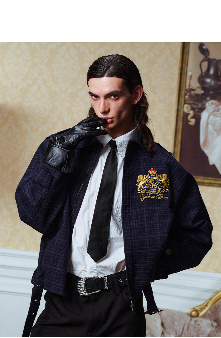 YADcrew Lion Emblem Plaid Belted Jacket