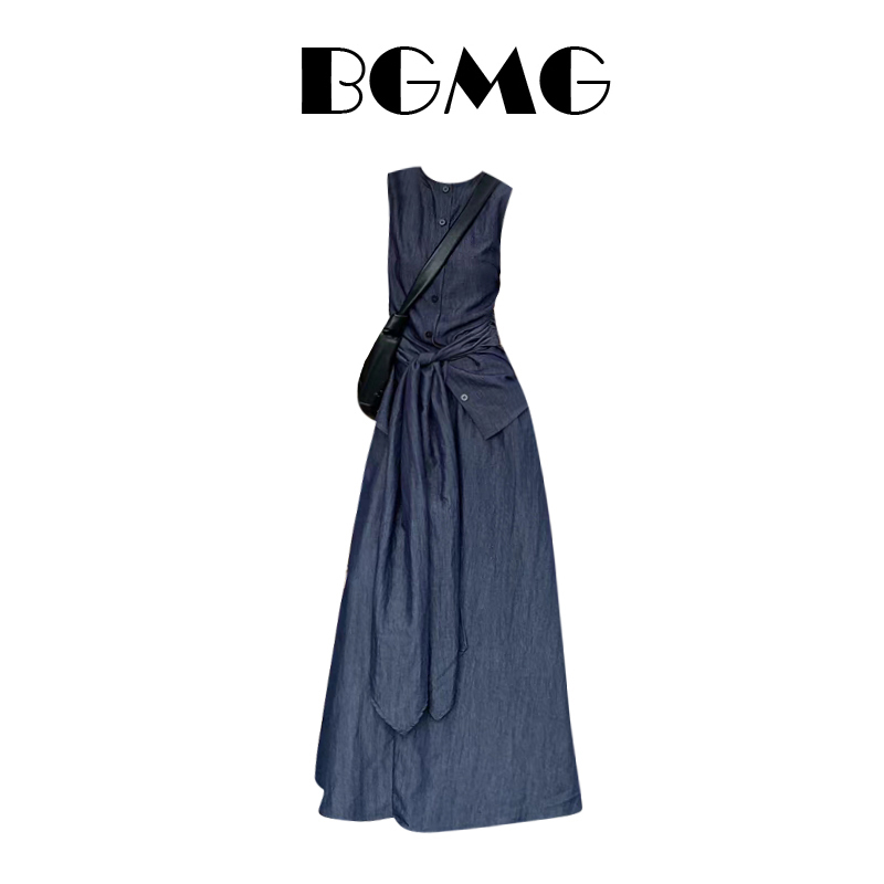 French Hepburn Style High-End Navy Blue Sleeveless Vest for Women, Summer Petite Waist-Cinching Slimming Skirt Set