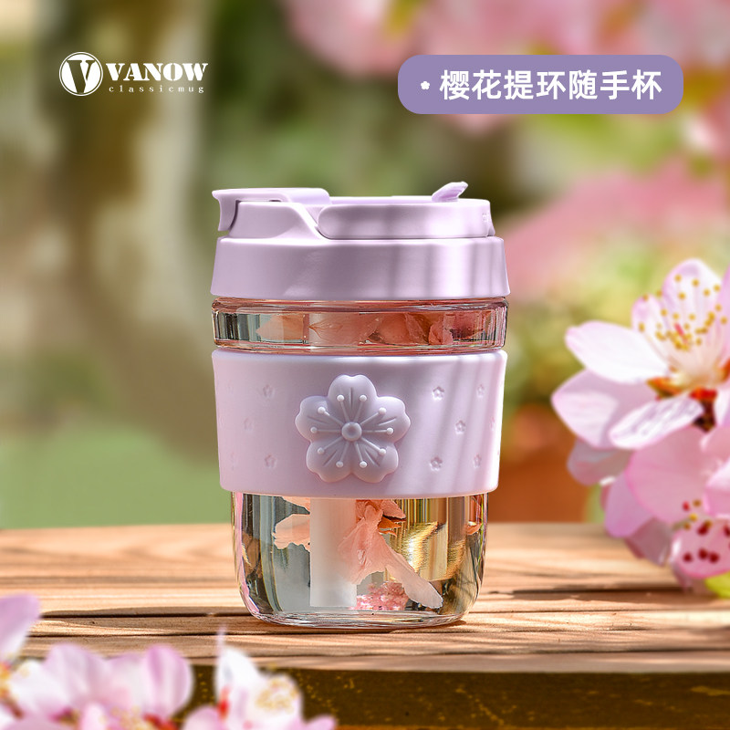 British Vanow glass water cup female summer Net red cute with straw tea portable large capacity coffee cup