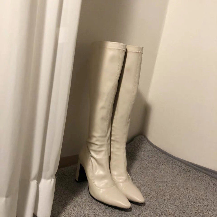 chic strong push self-left ~ explicit legs long Korean rice white pointed coarse high heel slim slim boot high cylinder boots long boot