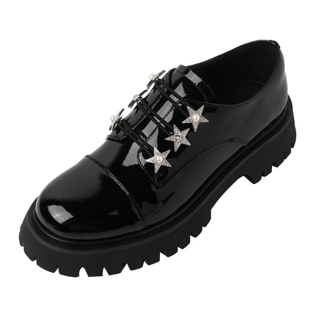 Leather black thick-soled small leather shoes women's niche design pearl star shoes with straps single shoes round toe loafers trendy