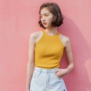 Retro Hồng Kông hương vị quây không tay treo cổ chic đan áo vest nữ mùa hè skinny áo sơ mi skinny