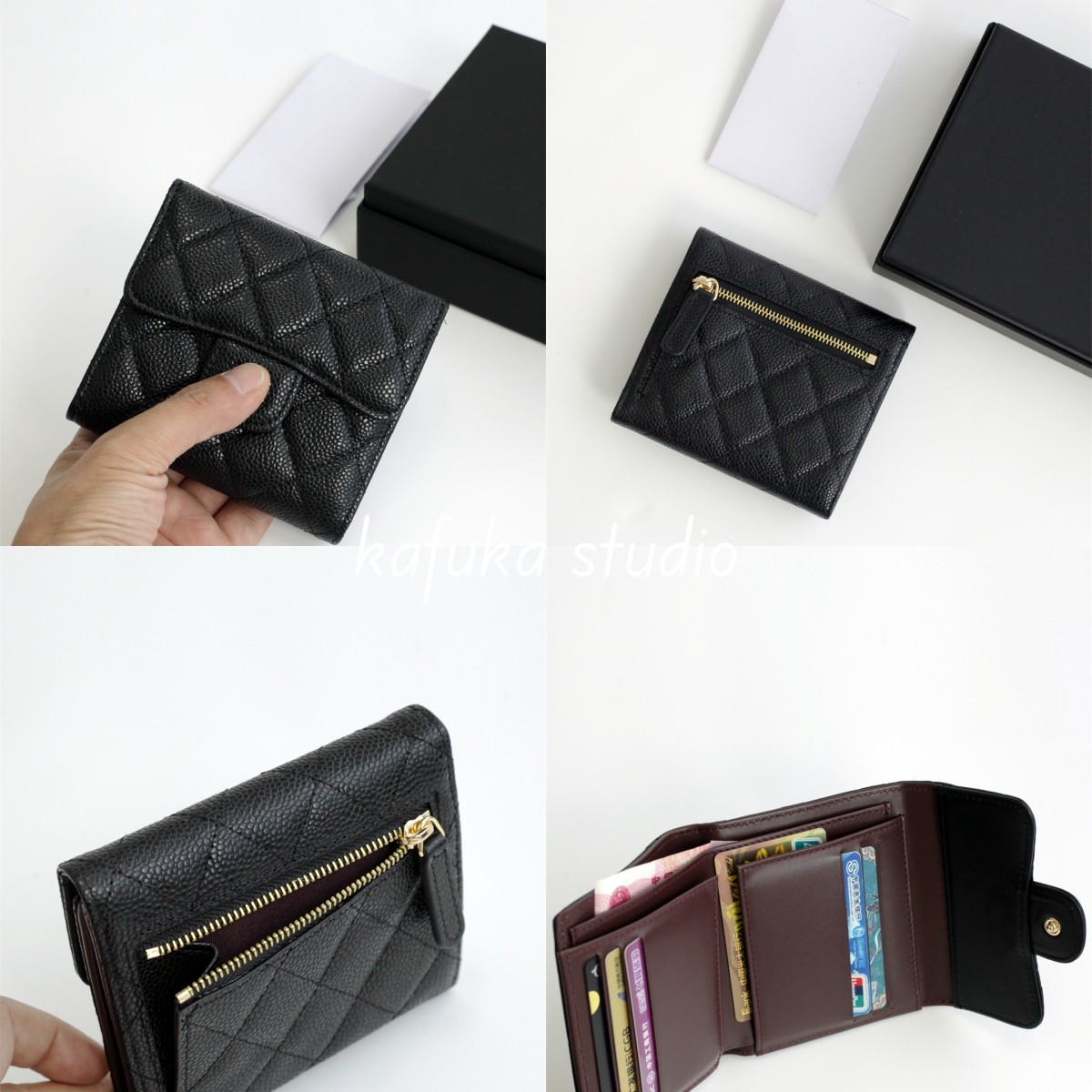 Мисс Коко!Короткий бумажник cf wallet flip card case из овечьей кожи с черным рисунком личи и черной икрой из воловьей кожи и овчины, сложенный втрое