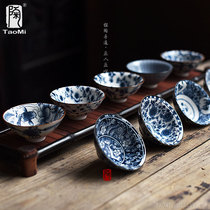 Ceramic fan Blue and white porcelain teacup Ceramic hand-painted Kung Fu tea set Tea cup Tea cup Hat cup Small master cup Single cup