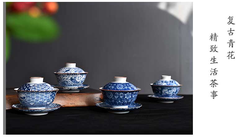 Quạt gốm sứ màu xanh và trắng bao gồm bát teacup lớn kung fu Jingdezhen bộ trà bằng sứ ba chén trà nhà bình ủ trà giữ nhiệt