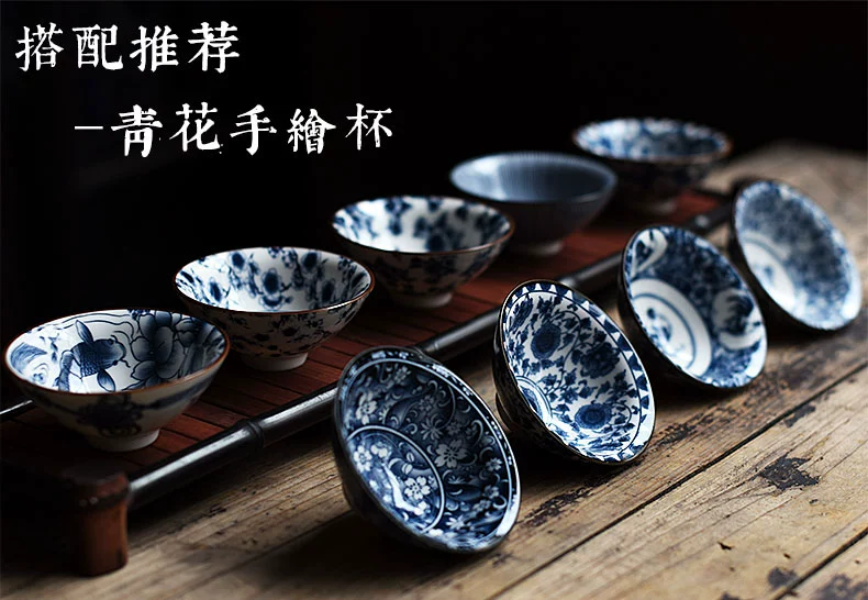 Quạt gốm sứ màu xanh và trắng bao gồm bát teacup lớn kung fu Jingdezhen bộ trà bằng sứ ba chén trà nhà