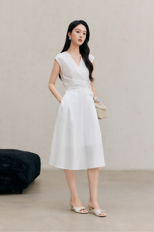 Mk2026 New Summer Minimalist Style V-Neck Cap Sleeve Twist Cross Design Waist-Cinching Dress Ethnic Workwear Dress Mk2026 New Summer Minimalist Style V-Neck Cap Sleeve Twist Cross Design Waist-Cinching Dress Ethnic Workwear Dress