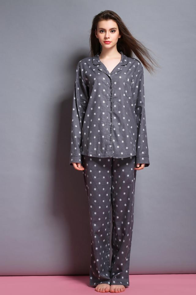 Không khí cao cấp ~ mùa xuân và mùa thu mẫu đồ ngủ nữ cotton dài tay cotton phù hợp với dịch vụ gia đình màu xám đen áo ngủ