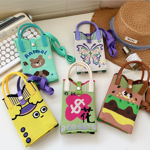 Мультяшная весенняя сумка через плечо для школьников, трикотажная система хранения, портативная сумка с петлей на руку, сумка для телефона, в корейском стиле