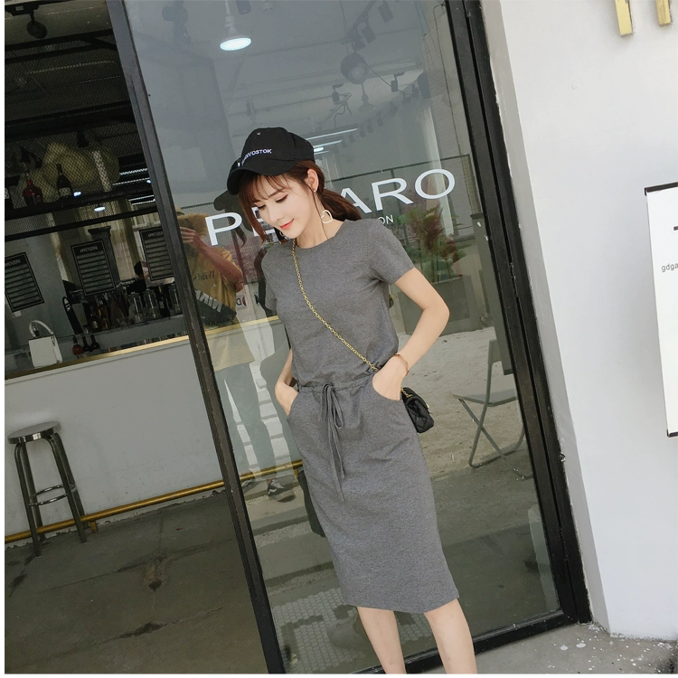 Váy ngắn tay thắt eo giản dị mùa hè mới của phụ nữ mùa hè mới giữa dài giữa cotton co giãn khe dây rút váy nữ - váy đầm