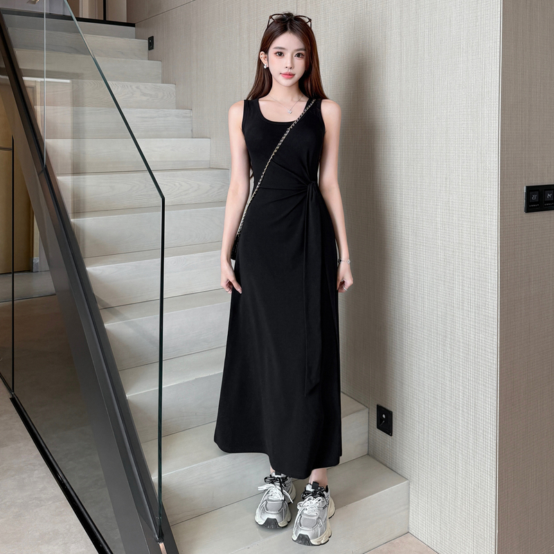 Black Dress for Women, Summer Sleeveless Tank Dress, 2026 New Style, Tie-Waist, Slimming, Elegant A-Line Long Dress
